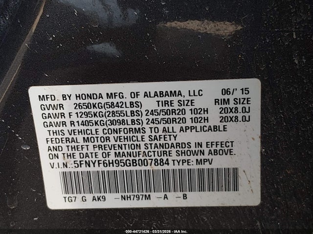 Aukcja sprzedaży 2016 Honda Pilot Touring, vin: 5FNYF6H95GB007884, numer aukcji: 44721426