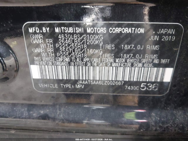 Aukcja sprzedaży 2020 Mitsubishi Eclipse Cross Se 1.5t Awc, vin: JA4AT5AA6LZ002667, numer aukcji: 44721439