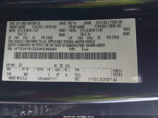Aukcja sprzedaży 2016 Ford F-150 Xlt, vin: 1FTEW1EG2GKE49243, numer aukcji: 44721442