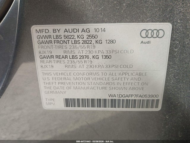 44721443 :رقم المزاد ، WA1DGAFP7FA053900 vin ، 2015 Audi Q5 3.0t Premium Plus مزاد بيع