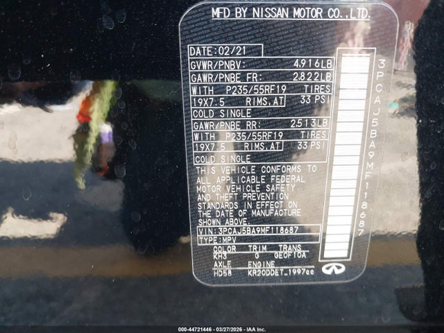 Aukcja sprzedaży 2021 Infiniti Qx50 Luxe, vin: 3PCAJ5BA9MF118687, numer aukcji: 44721446