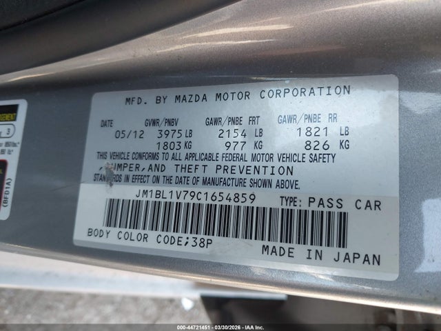 Aukcja sprzedaży 2012 Mazda Mazda3 I Touring, vin: JM1BL1V79C1654859, numer aukcji: 44721451