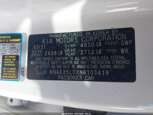Aukcja sprzedaży 2022 Kia Stinger Gt-line, vin: KNAE35LDXN6103419, numer aukcji: 44721473