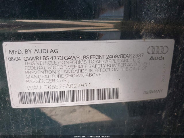 Продаж на аукціоні авто 2005 Audi A4 3.0/3.0 Special Edition, vin: WAULT68E75A027931, номер лоту: 44721477