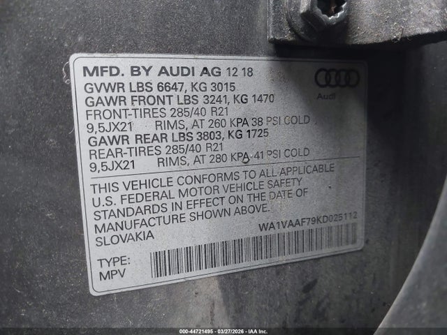 2019 Audi Q7 55 Premium მანქანა იყიდება აუქციონზე, vin: WA1VAAF79KD025112, აუქციონის ნომერი: 44721495