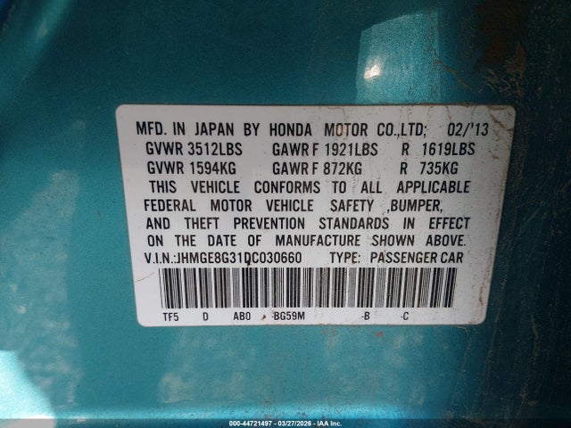 Продаж на аукціоні авто 2013 Honda Fit, vin: JHMGE8G31DC030660, номер лоту: 44721497