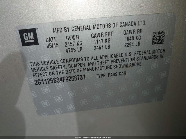 Aukcja sprzedaży 2015 Chevrolet Impala 2lt, vin: 2G1125S34F9268737, numer aukcji: 44721498