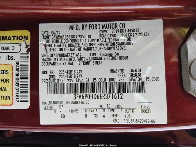 Ford FUSION SE 2014 3FA6P0HD6ER371612 Image 9