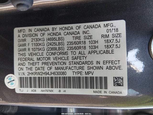 2HKRW2H94JH630080 Honda Cr-v Touring
