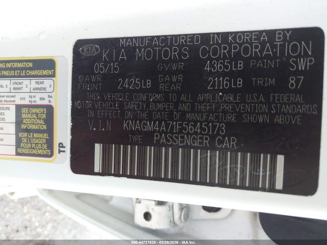 2015 Kia Optima Lx მანქანა იყიდება აუქციონზე, vin: KNAGM4A71F5645173, აუქციონის ნომერი: 44721535