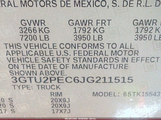 Продаж на аукціоні авто 2018 Gmc Sierra 1500 Denali, vin: 3GTU2PEC6JG211515, номер лоту: 44721536