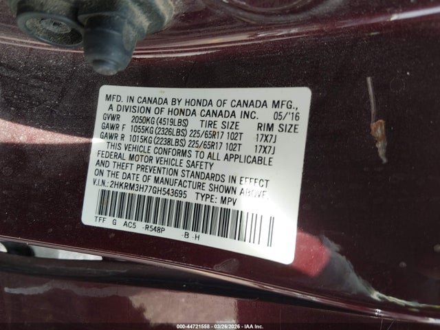 2HKRM3H77GH543695 Honda Cr-v Ex-l