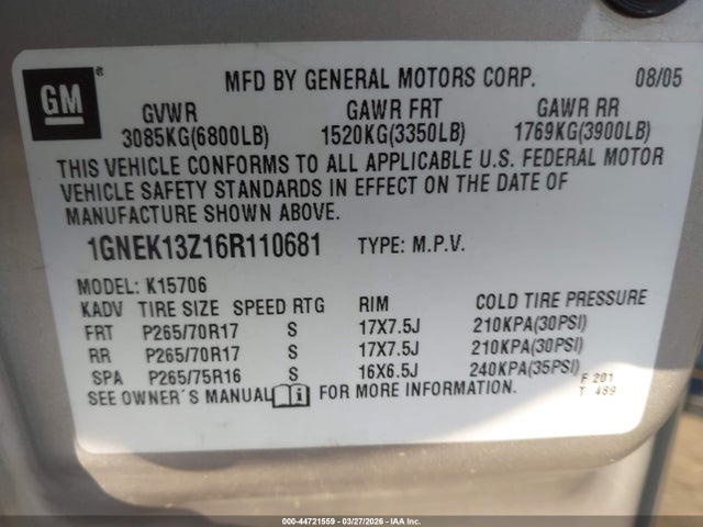 Продаж на аукціоні авто 2006 Chevrolet Tahoe Z71, vin: 1GNEK13Z16R110681, номер лоту: 44721559