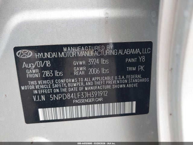5NPD84LF3JH391912 Hyundai ELANTRA SEL