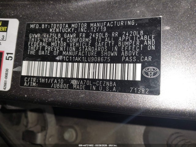 44721602 :رقم المزاد ، 4T1C11AK1LU908675 vin ، 2020 Toyota Camry Le مزاد بيع