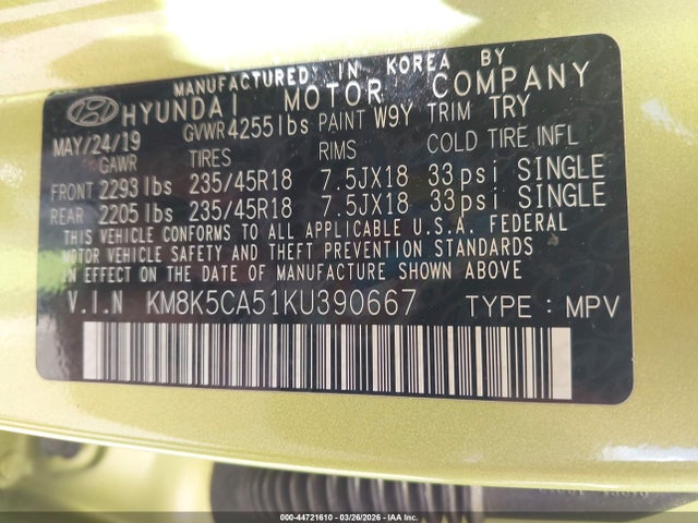 Продажа на аукционе авто 2019 Hyundai Kona Ultimate, vin: KM8K5CA51KU390667, номер лота: 44721610