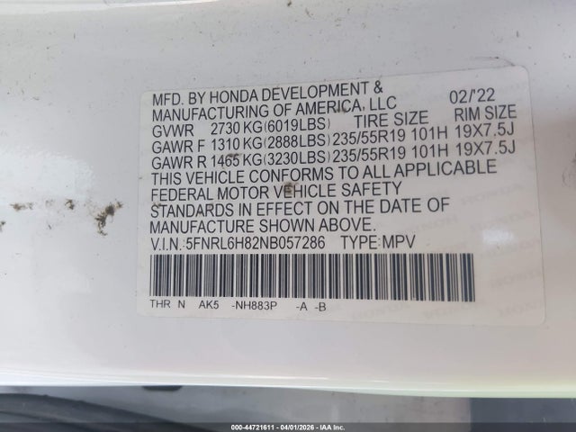 Продажа на аукционе авто 2022 Honda Odyssey Touring, vin: 5FNRL6H82NB057286, номер лота: 44721611