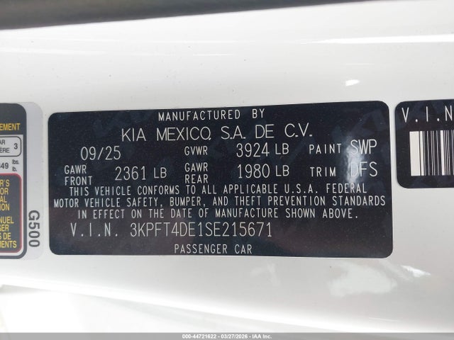 Продажа на аукционе авто 2025 Kia K4 Lxs, vin: 3KPFT4DE1SE215671, номер лота: 44721622