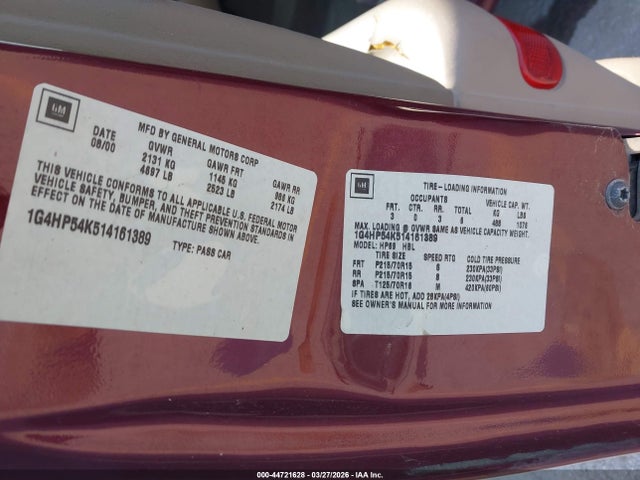 2001 Buick Lesabre Custom მანქანა იყიდება აუქციონზე, vin: 1G4HP54K514161389, აუქციონის ნომერი: 44721628