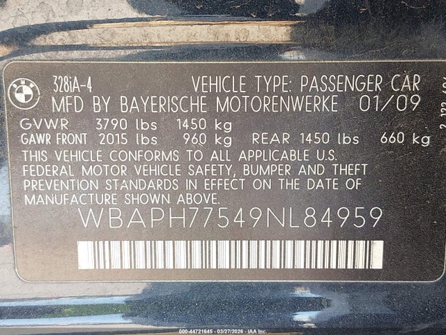 44721645 :رقم المزاد ، WBAPH77549NL84959 vin ، 2009 Bmw 328i مزاد بيع
