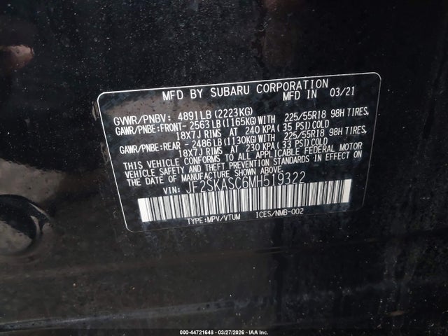 2021 Subaru Forester Limited მანქანა იყიდება აუქციონზე, vin: JF2SKASC6MH519322, აუქციონის ნომერი: 44721648