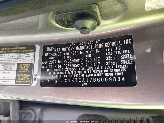 44721652 :رقم المزاد ، 5XYKTCA17BG009834 vin ، 2011 Kia Sorento Lx مزاد بيع