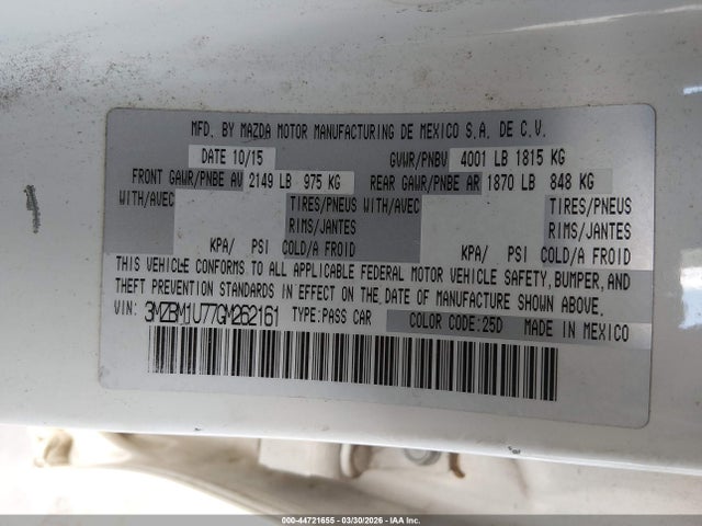 Auction sale of the 2016 Mazda Mazda3 I Sport, vin: 3MZBM1U77GM262161, lot number: 44721655