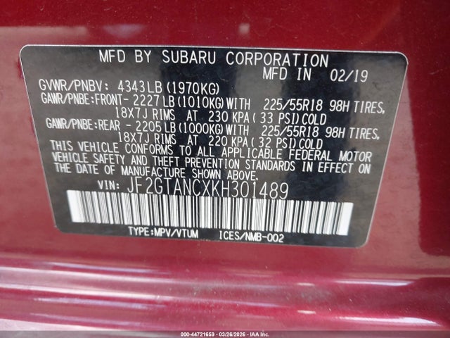 Aukcja sprzedaży 2019 Subaru Crosstrek 2.0i Limited, vin: JF2GTANCXKH301489, numer aukcji: 44721659