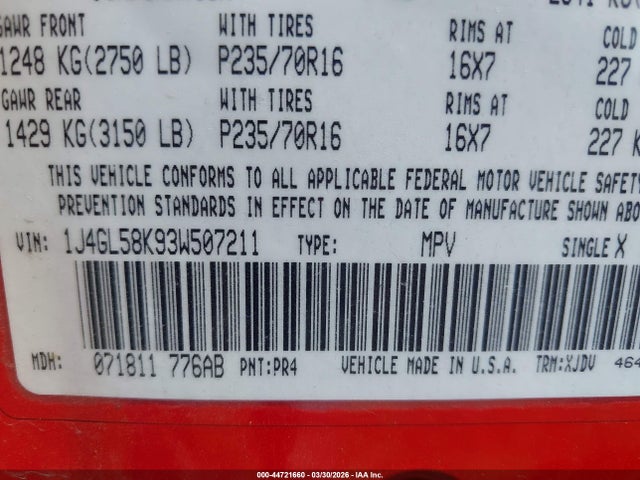 Продажа на аукционе авто 2003 Jeep Liberty Limited Edition, vin: 1J4GL58K93W507211, номер лота: 44721660