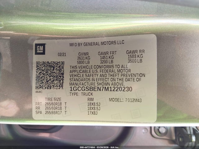 Продажа на аукционе авто 2021 Chevrolet Colorado 2wd  Short Box Wt, vin: 1GCGSBEN7M1220230, номер лота: 44721684
