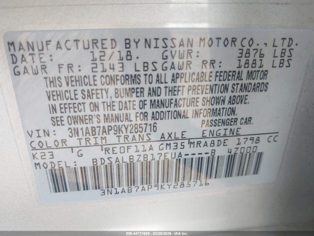 Aukcja sprzedaży 2019 Nissan Sentra S, vin: 3N1AB7AP9KY285716, numer aukcji: 44721689