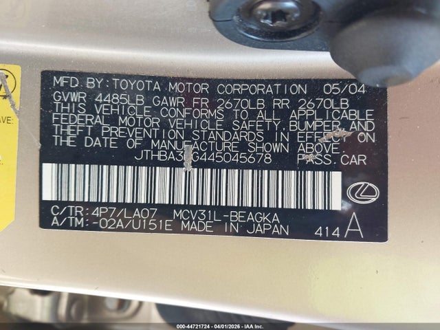 Aukcja sprzedaży 2004 Lexus Es 330, vin: JTHBA30G445045678, numer aukcji: 44721724