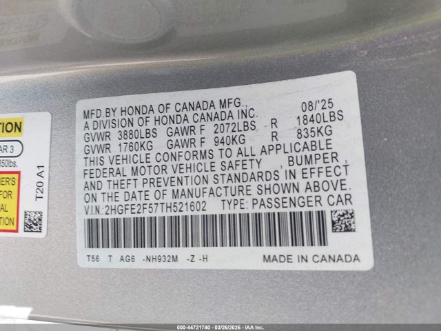 Honda Civic Sport 2026 2HGFE2F57TH521602 Image 9