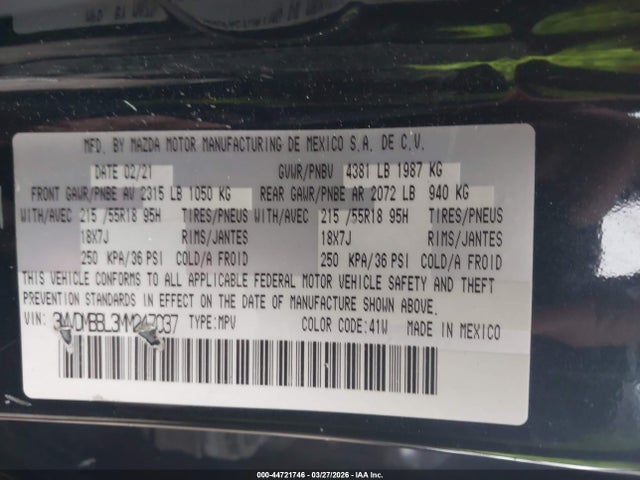 2021 Mazda Cx-30 Select მანქანა იყიდება აუქციონზე, vin: 3MVDMBBL3MM247037, აუქციონის ნომერი: 44721746