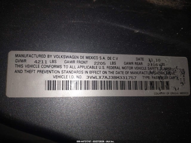 Auction sale of the 2011 Volkswagen Jetta 2.5l Sel, vin: 3VWLX7AJ3BM331757, lot number: 44721747