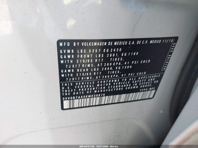 2019 Volkswagen Tiguan 2.0t S მანქანა იყიდება აუქციონზე, vin: 3VV0B7AX0KM038876, აუქციონის ნომერი: 44721748