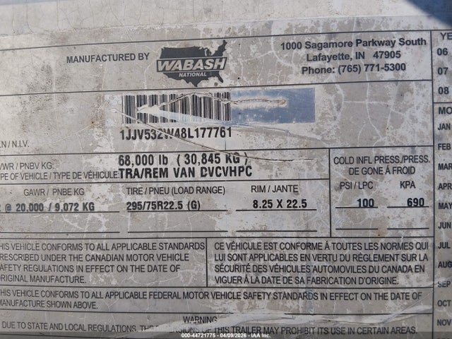 Продаж на аукціоні авто 2008 Wabash National Corp 53' Semi Trailer, vin: 1JJV532W48L177761, номер лоту: 44721775