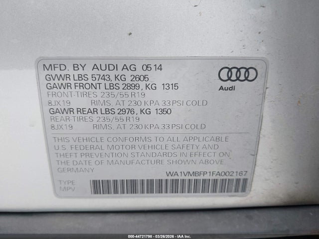 Aukcja sprzedaży 2015 Audi Q5 3.0 Tdi Premium Plus, vin: WA1VMBFP1FA002167, numer aukcji: 44721798