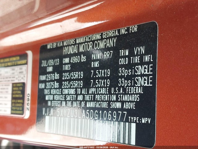 44721802 :رقم المزاد ، 5XYZU3LA5DG106977 vin ، 2013 Hyundai Santa Fe Sport 2.0t مزاد بيع