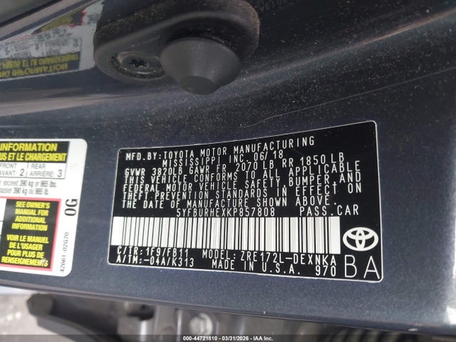 5YFBURHEXKP857808 Toyota COROLLA LE
