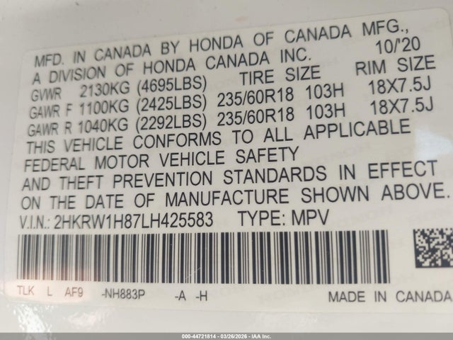 2HKRW1H87LH425583 Honda Cr-v 2wd Ex-l