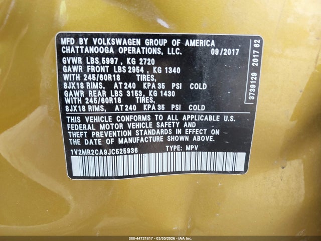 1V2MR2CA9JC525936 Volkswagen Atlas 3.6l V6 Sel