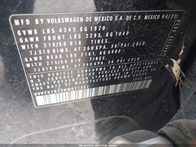 Продажа на аукционе авто 2022 Volkswagen Taos 1.5t Se, vin: 3VVTX7B23NM071957, номер лота: 44721819