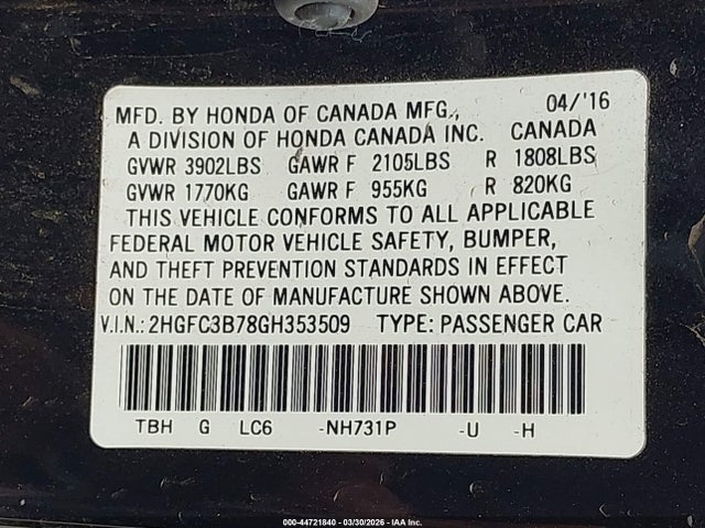 Honda Civic Ex-l 2016 2HGFC3B78GH353509 Image 9