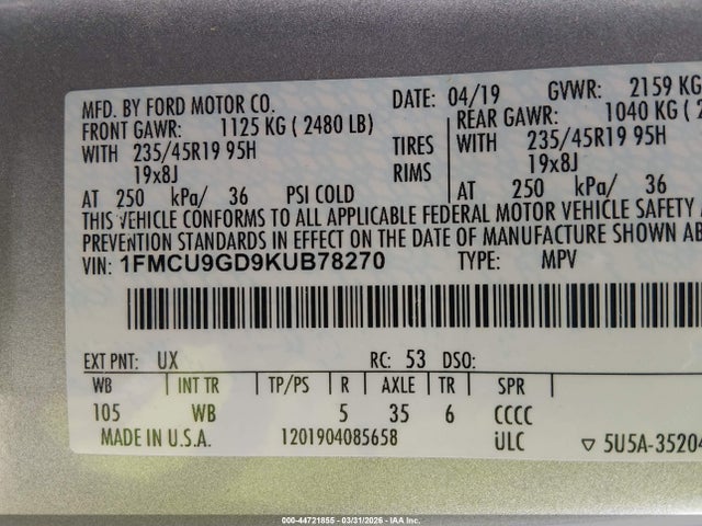 Продажа на аукционе авто 2019 Ford Escape Se, vin: 1FMCU9GD9KUB78270, номер лота: 44721855