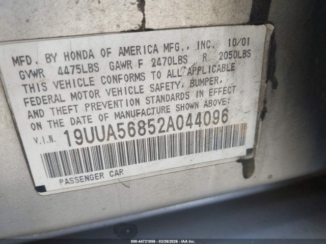 Aukcja sprzedaży 2002 Acura Tl 3.2 Type S, vin: 19UUA56852A044096, numer aukcji: 44721856