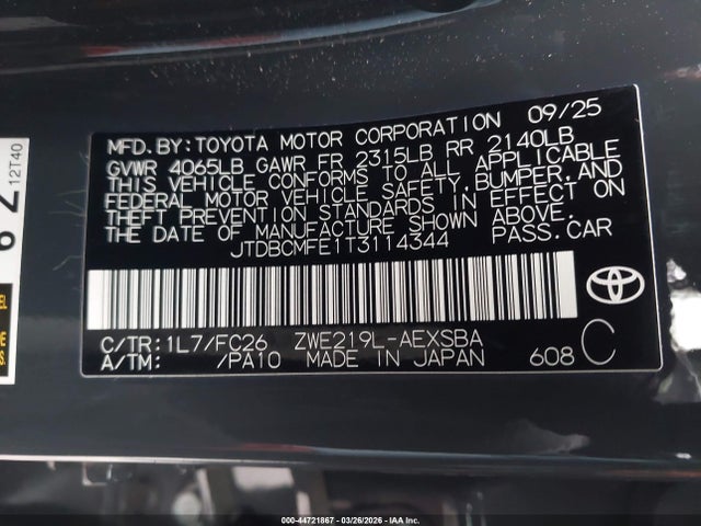 44721867 :رقم المزاد ، JTDBCMFE1T3114344 vin ، 2026 Toyota Corolla Hybrid Hybrid Se مزاد بيع