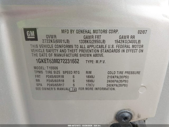 Aukcja sprzedaży 2007 Gmc Envoy Denali, vin: 1GKET63M272231662, numer aukcji: 44721872