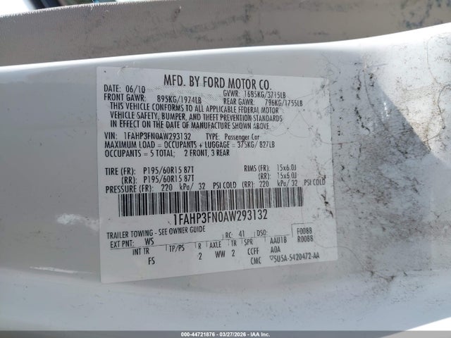 44721876 :رقم المزاد ، 1FAHP3FN0AW293132 vin ، 2010 Ford Focus Se مزاد بيع