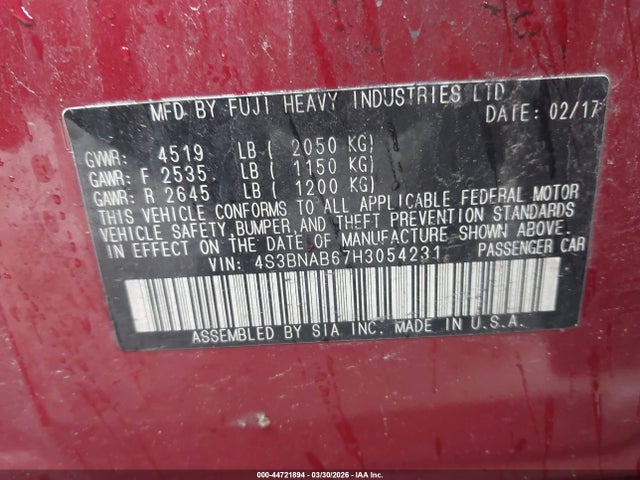 2017 Subaru Legacy 2.5i მანქანა იყიდება აუქციონზე, vin: 4S3BNAB67H3054231, აუქციონის ნომერი: 44721894